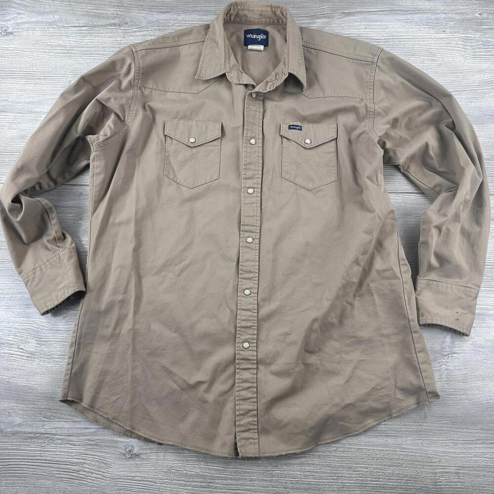 VTG Wrangler Shirt Mens 2XLT Beige Denim Heavy Twill Pearl Snap